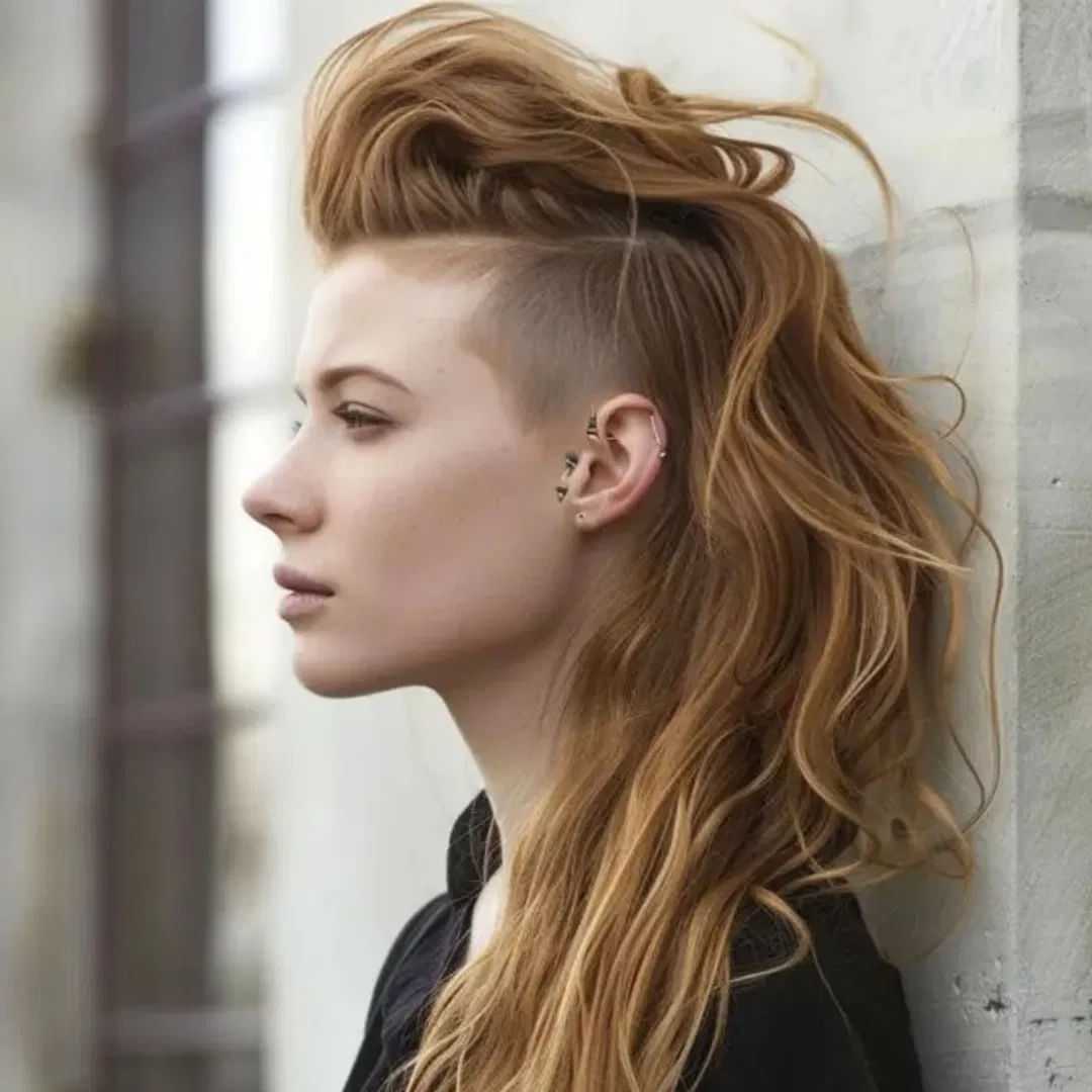 Profile of a person with long, wavy mohawk hairstyle and multiple ear piercings.