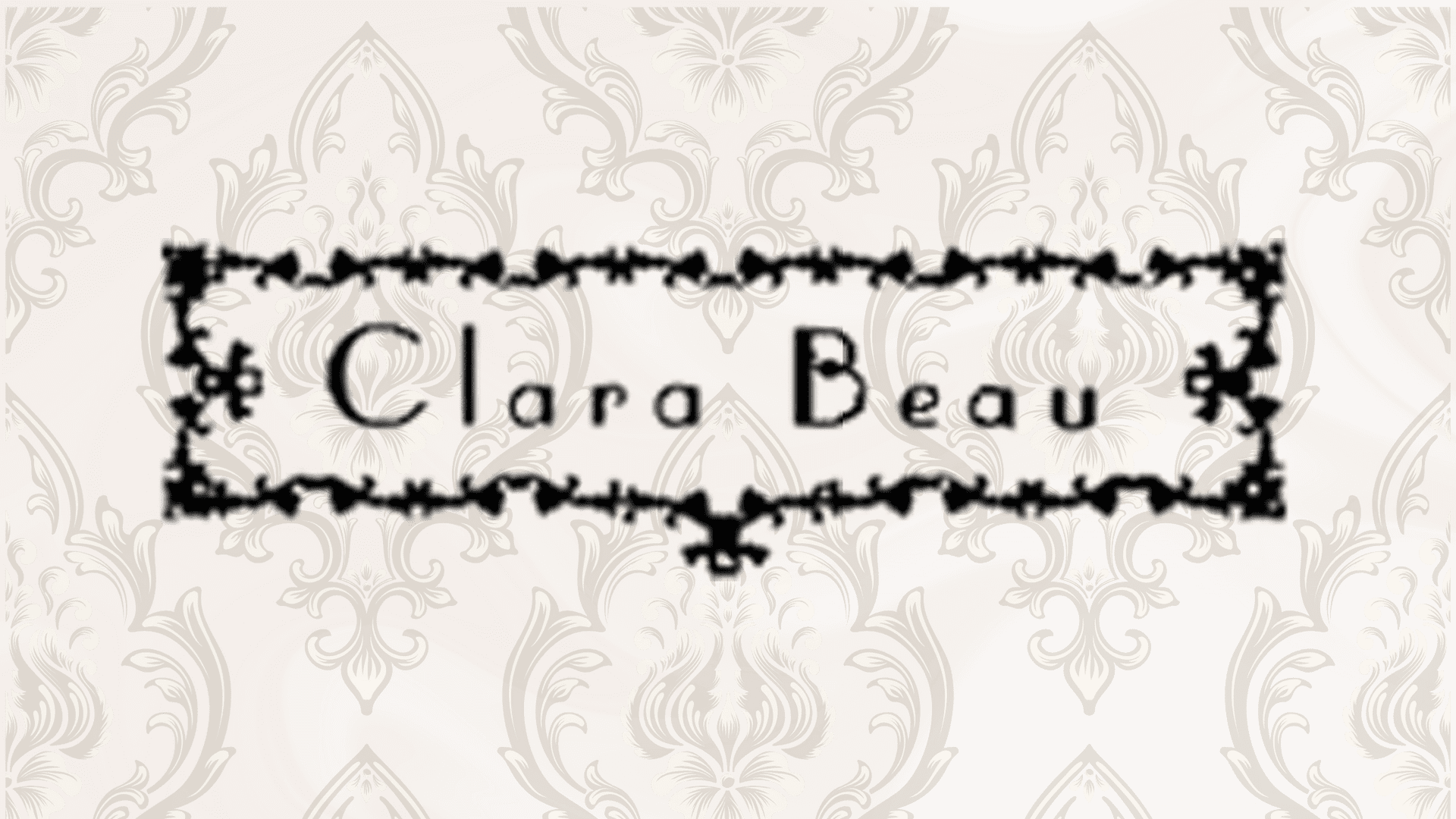 Decorative logo with the text 'Clara Beau' on an ornate, patterned background.